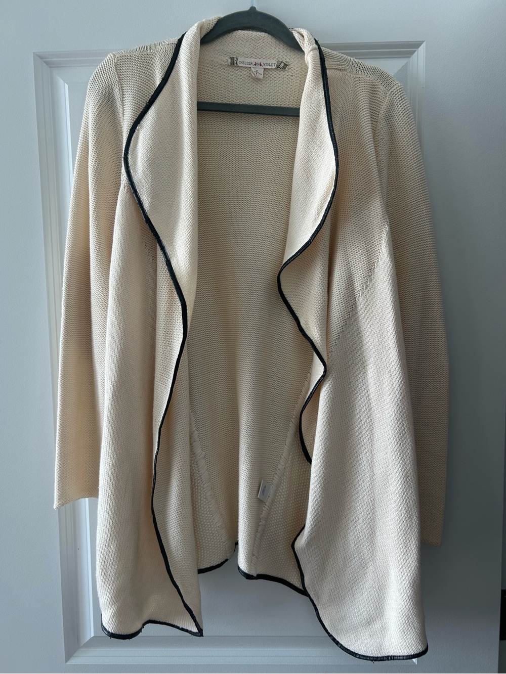 Chelsea and Violet Cream Open-Front Draped Cardigan with Black Trim